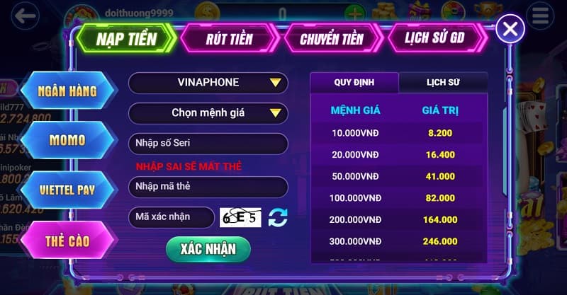 Hình thức nạp rút, đổi trả của Gem79 Online